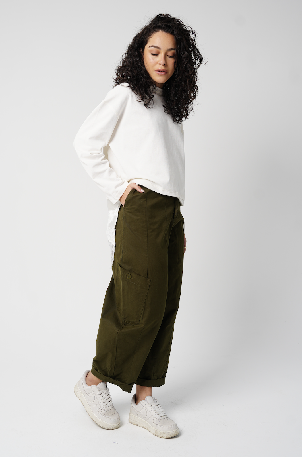 Barrel Trousers in Olive Gabardine