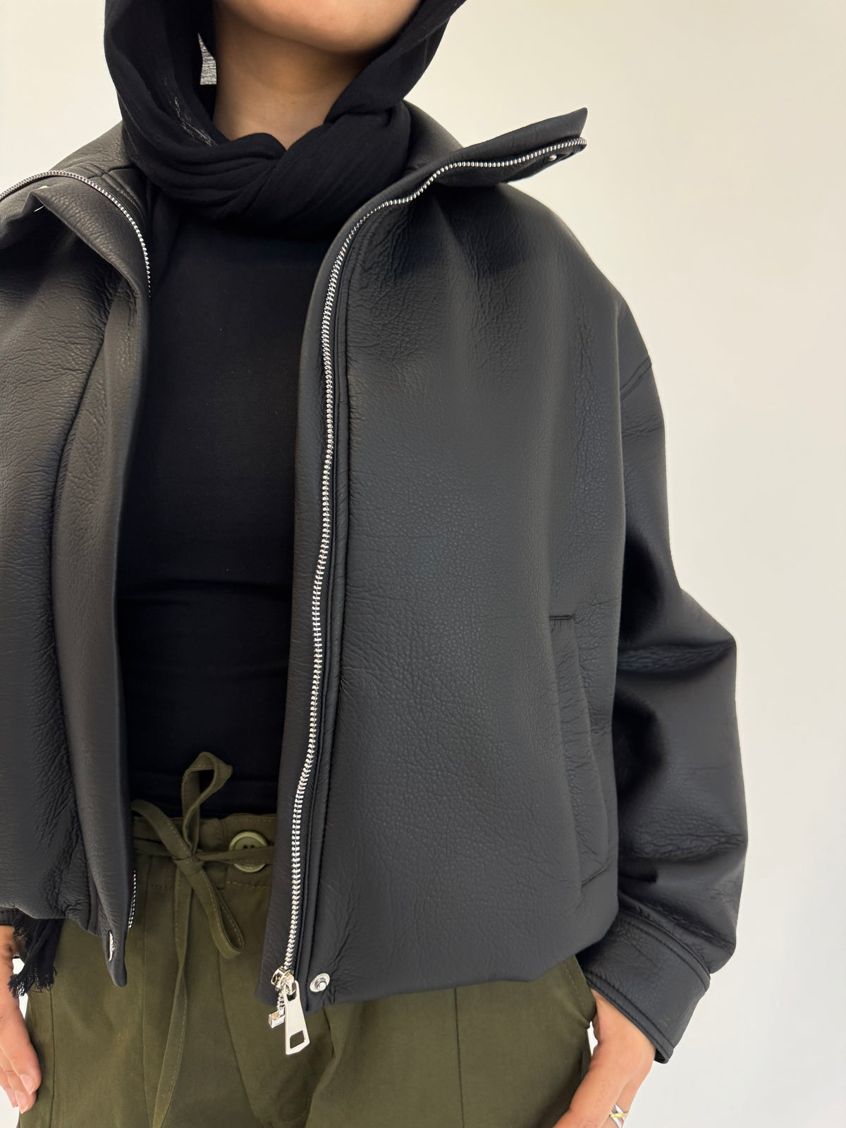 Collared Leather Jacket in Black