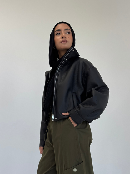 Collared Leather Jacket in Black