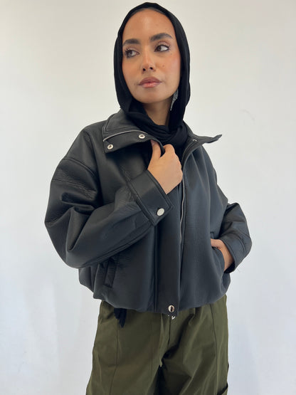 Collared Leather Jacket in Black