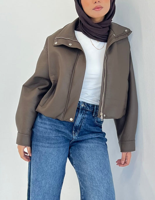 Collared Leather Jacket in Brown