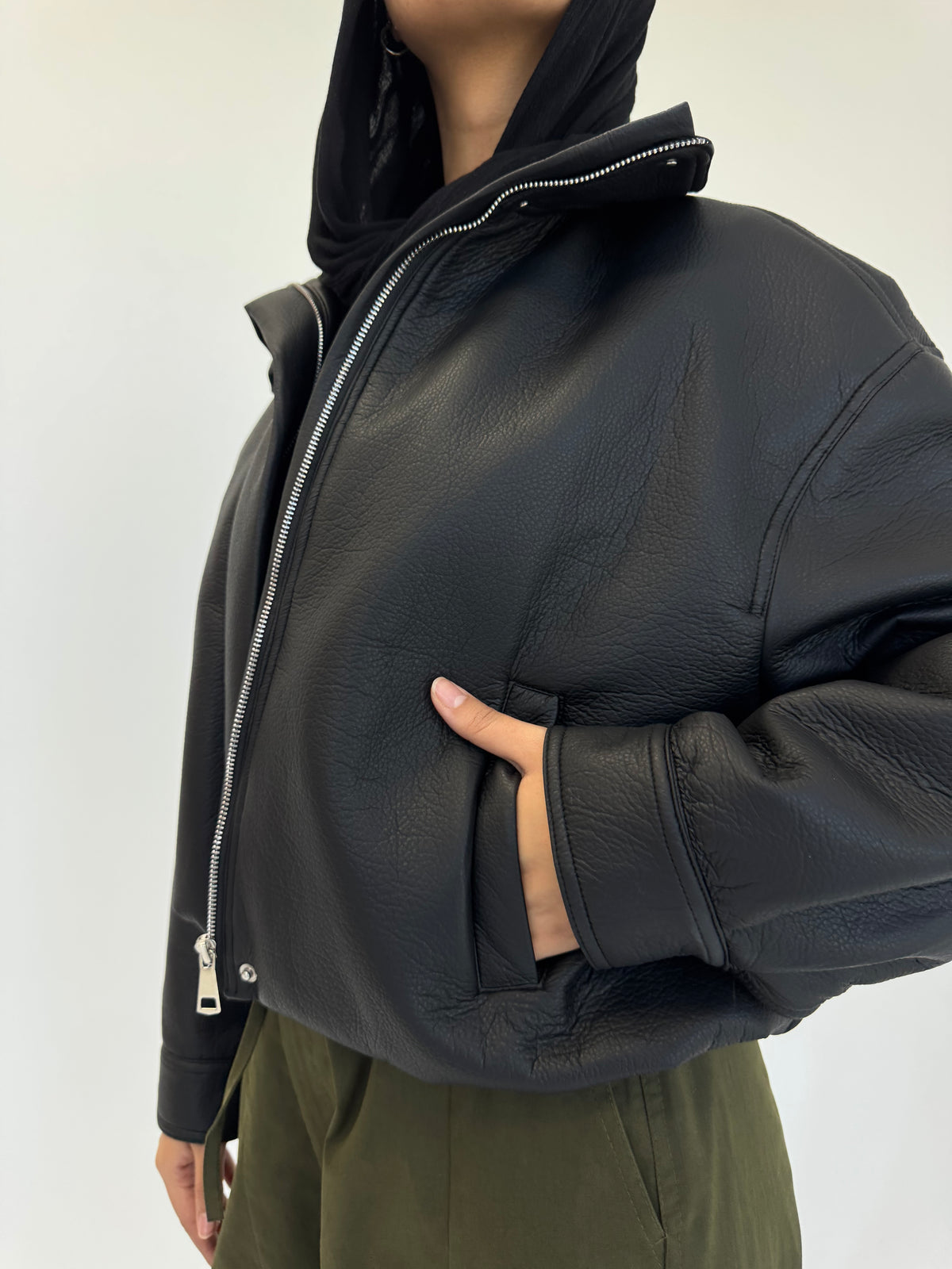 Collared Leather Jacket in Black