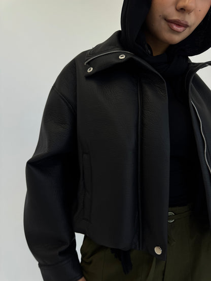 Collared Leather Jacket in Black