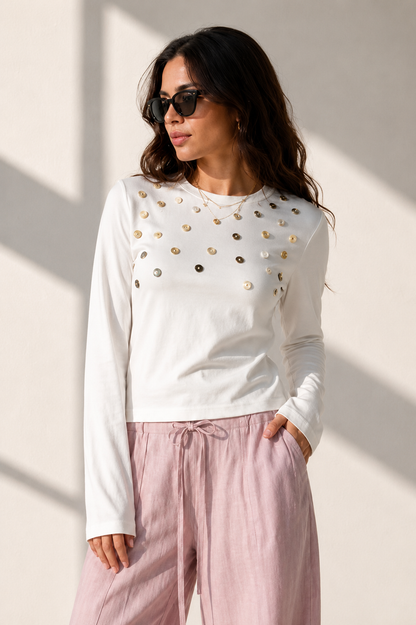 T-Shirt with Hand-Embroidered Shell Buttons