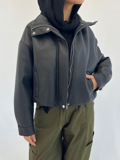 Collared Leather Jacket in Black