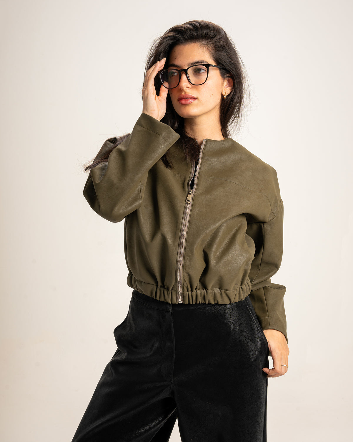 Boss-Girl Leather Jacket in Olive Green