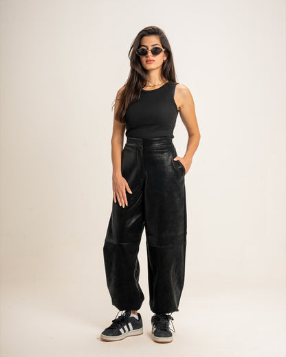 Multi-Shape Leather Trousers in Black