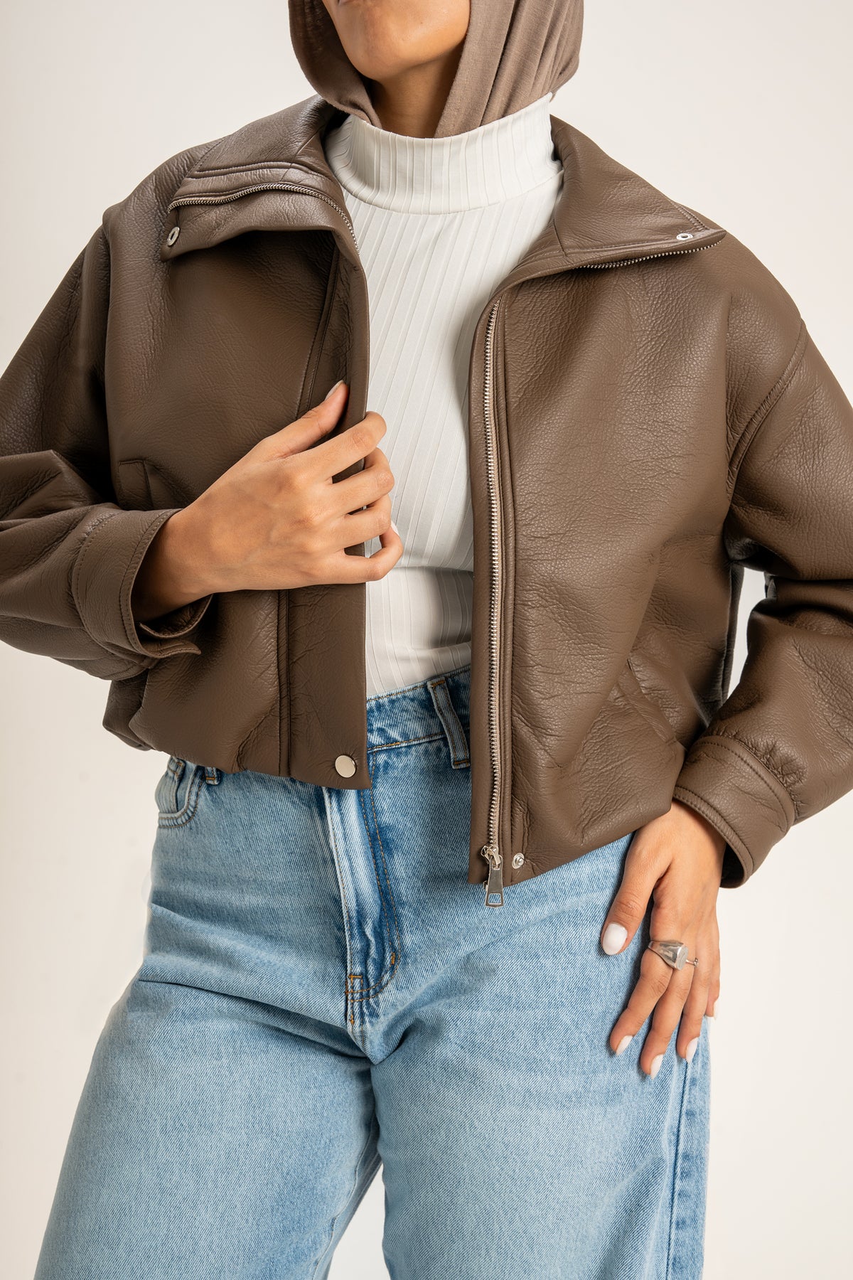 Collared Leather Jacket in Brown