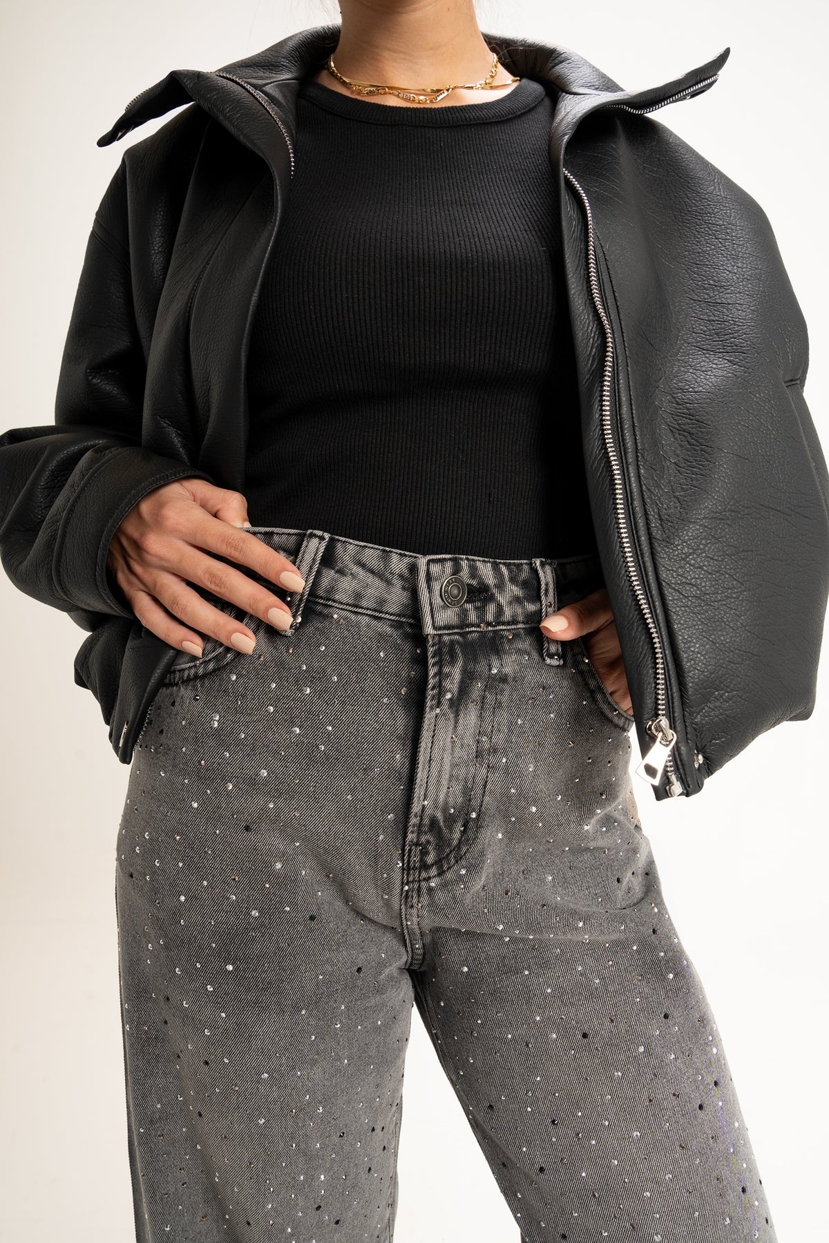 Collared Leather Jacket in Black