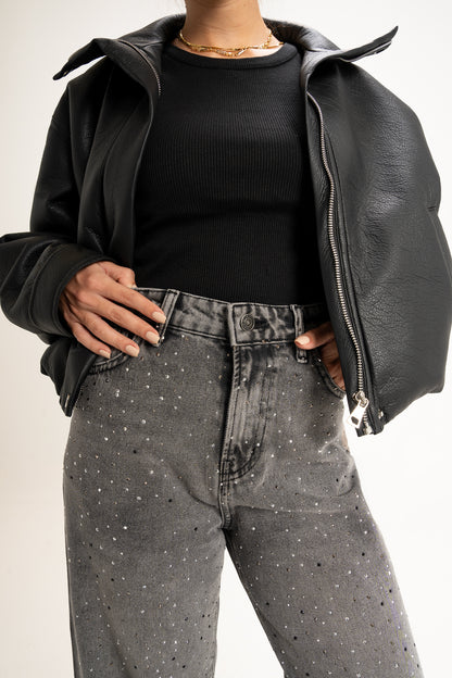 Collared Leather Jacket in Black
