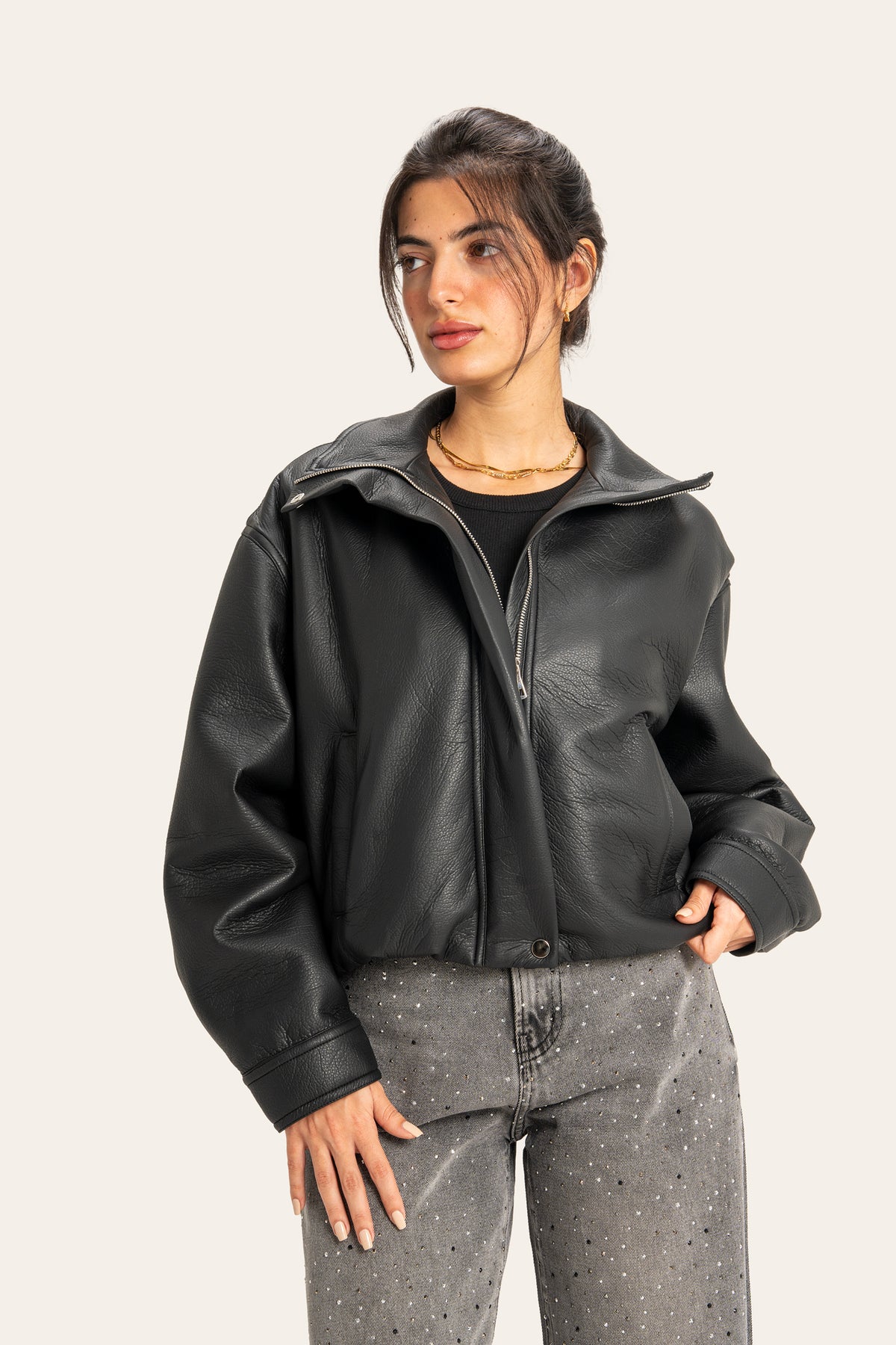Collared Leather Jacket in Black