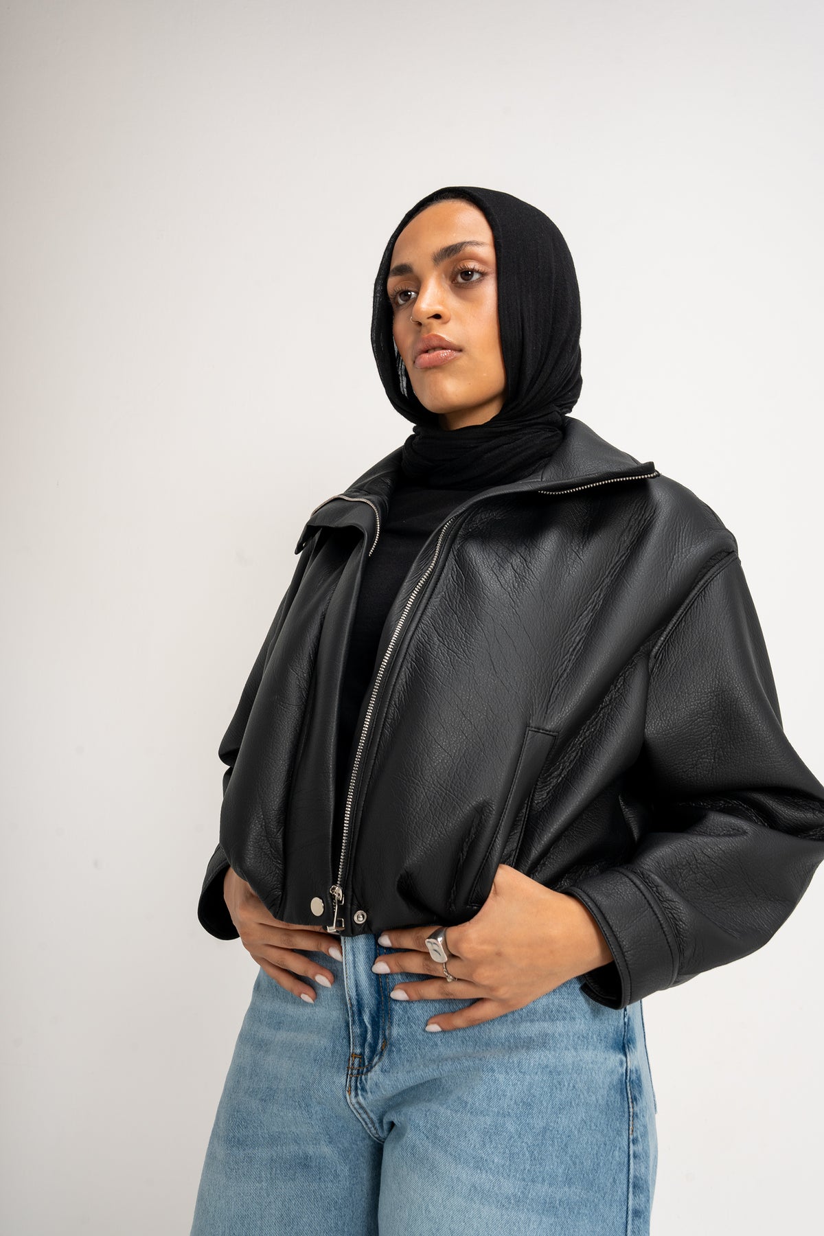 Collared Leather Jacket in Black