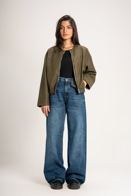 Boss-Girl Leather Jacket in Olive Green