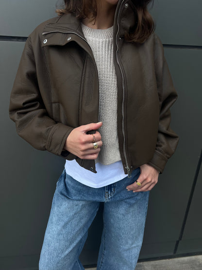 Collared Leather Jacket in Brown