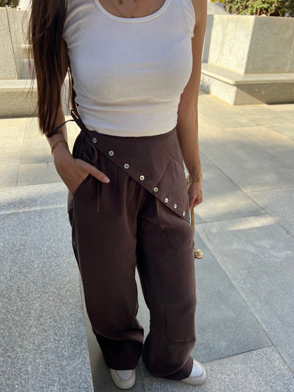 Button Wrap Seamless Pants: Brown