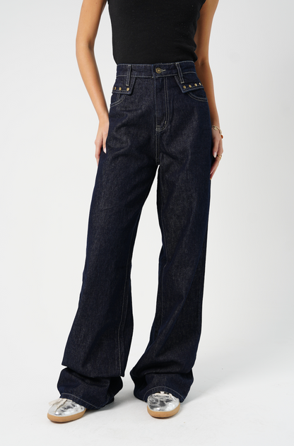 "Not-so-basic" Studded Pocket Jeans: Dark Blue