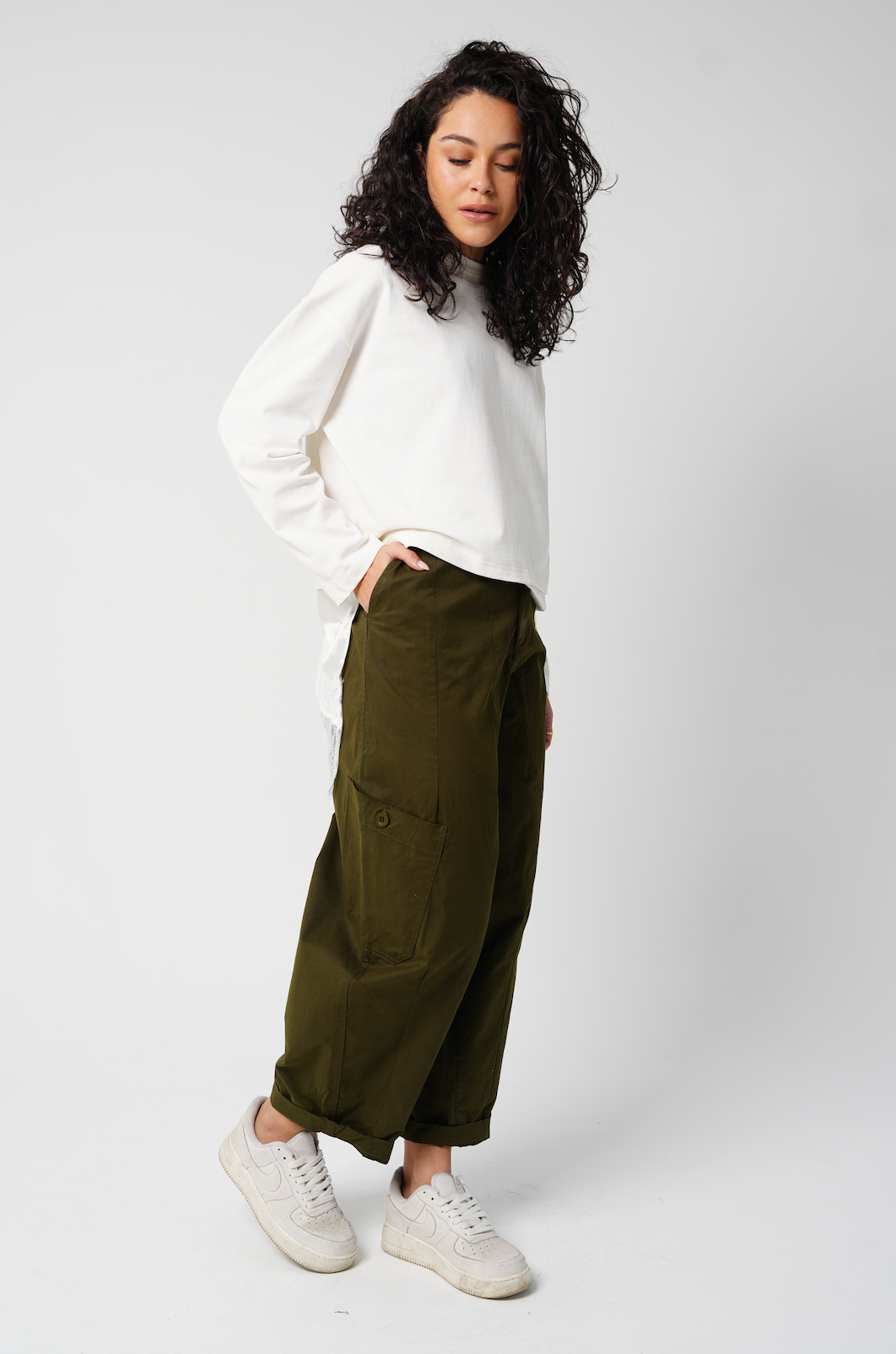 Barrel Trousers in Olive Gabardine