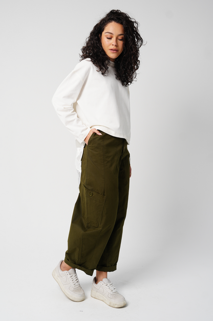 Barrel Trousers in Olive Gabardine