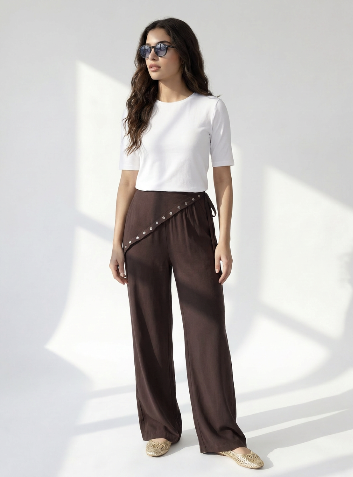 Button Wrap Seamless Pants: Brown